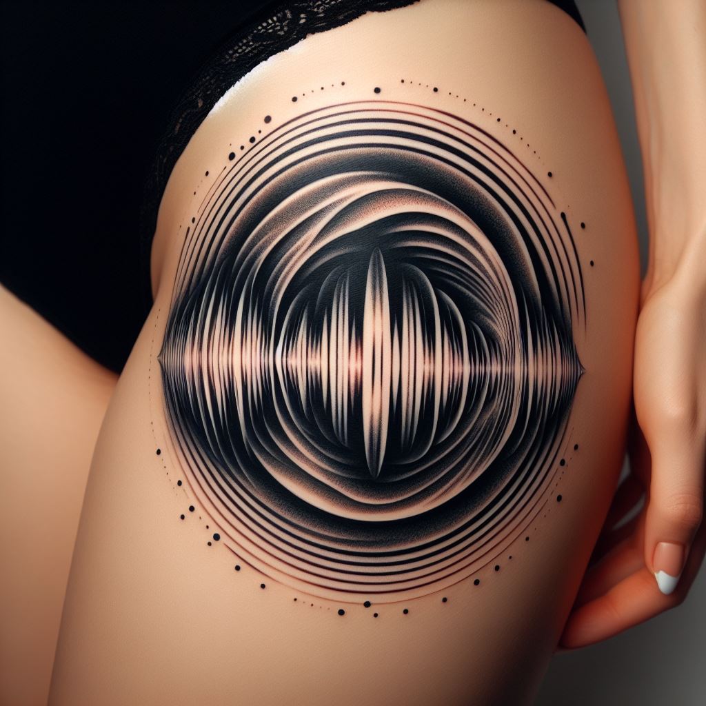 A tattoo that artistically represents acoustic sound waves encircling the upper thigh. The design should feature smooth, flowing lines that mimic the oscillations of sound, using gradients of black and gray to add depth and movement. This tattoo symbolizes the physical and emotional impact of sound and music.