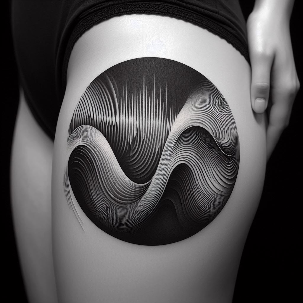 A tattoo that artistically represents acoustic sound waves encircling the upper thigh. The design should feature smooth, flowing lines that mimic the oscillations of sound, using gradients of black and gray to add depth and movement. This tattoo symbolizes the physical and emotional impact of sound and music.