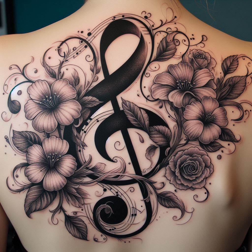 A large, elegant tattoo of a treble clef embellished with floral elements, sprawling across the upper back. The flowers should intertwine with the clef, symbolizing growth and beauty in music. The design combines detailed line work with shading to create a sense of depth and vibrancy, reflecting the natural harmony between music and nature.