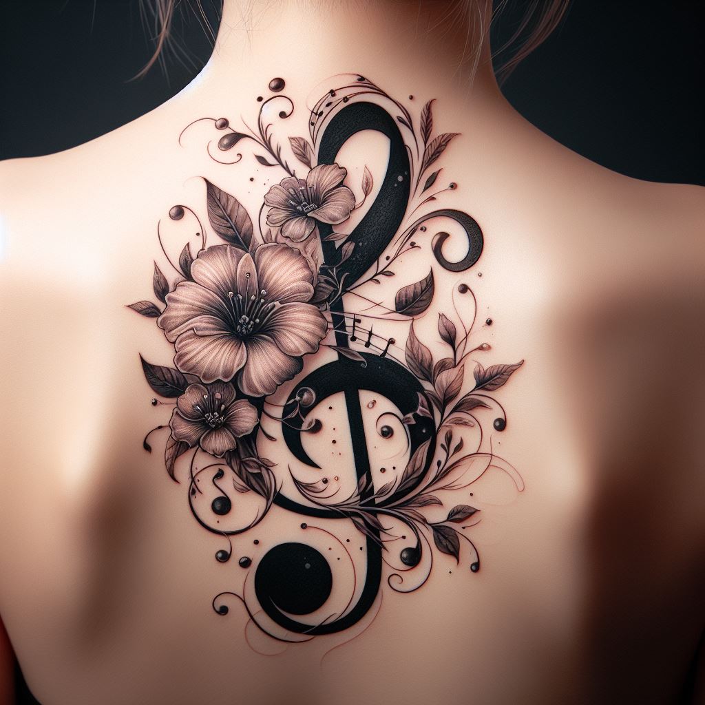 A large, elegant tattoo of a treble clef embellished with floral elements, sprawling across the upper back. The flowers should intertwine with the clef, symbolizing growth and beauty in music. The design combines detailed line work with shading to create a sense of depth and vibrancy, reflecting the natural harmony between music and nature.