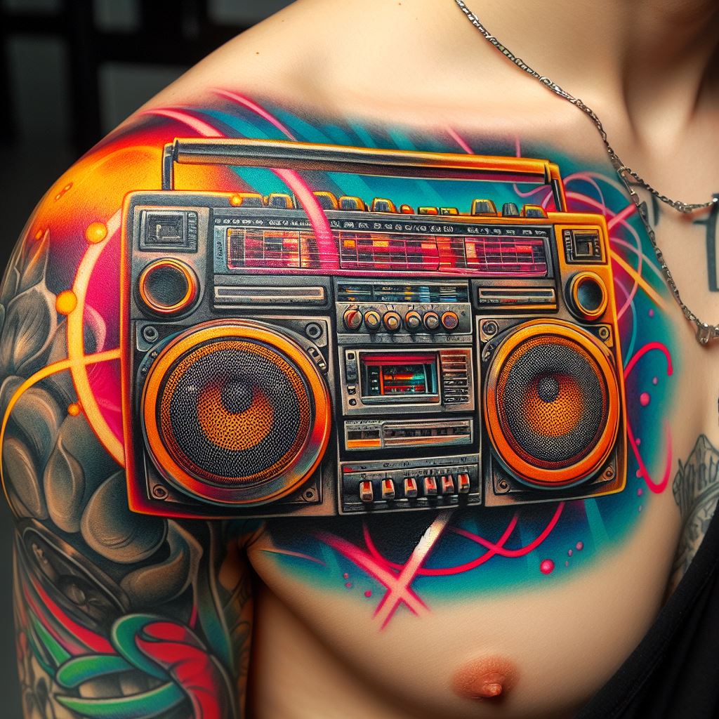A colorful, detailed tattoo of a retro boombox placed on the shoulder, complete with knobs, speakers, and cassette deck. The design should capture the essence of the 80s and 90s music scene, with bold colors and dynamic shading to bring the boombox to life. This tattoo is a nod to the golden era of hip-hop and the culture of street music.