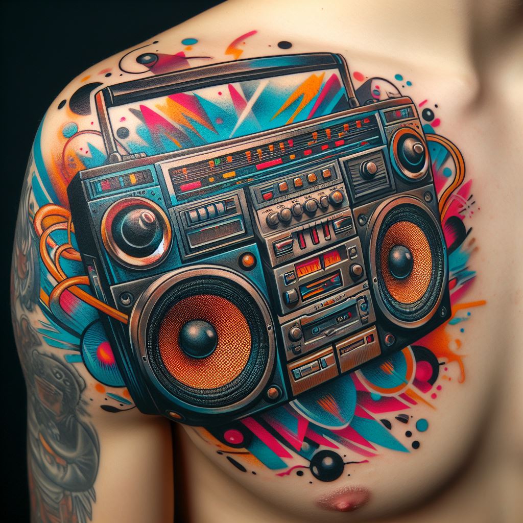 A colorful, detailed tattoo of a retro boombox placed on the shoulder, complete with knobs, speakers, and cassette deck. The design should capture the essence of the 80s and 90s music scene, with bold colors and dynamic shading to bring the boombox to life. This tattoo is a nod to the golden era of hip-hop and the culture of street music.