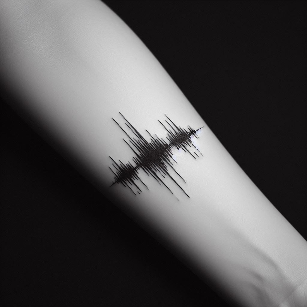 A minimalist, yet striking tattoo of an abstract soundwave design running along the forearm. The soundwave should be created from a personal favorite song or audio clip, rendered in black ink with clean lines that ebb and flow to represent the unique audio signature. This tattoo symbolizes the personal and unseen impact of music on one's life.