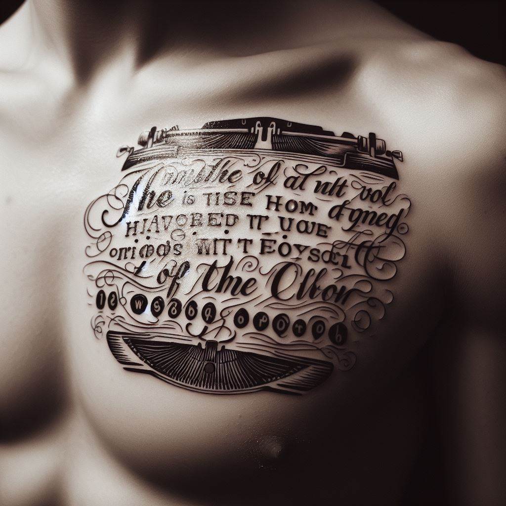 A meaningful tattoo featuring a favorite musical quote in a vintage typewriter font, elegantly scribed across the ribs. The design emphasizes the timeless nature of the words, with each letter carefully detailed to mimic the impression of a classic typewriter. This tattoo is a personal testament to the power of lyrics and their enduring influence.