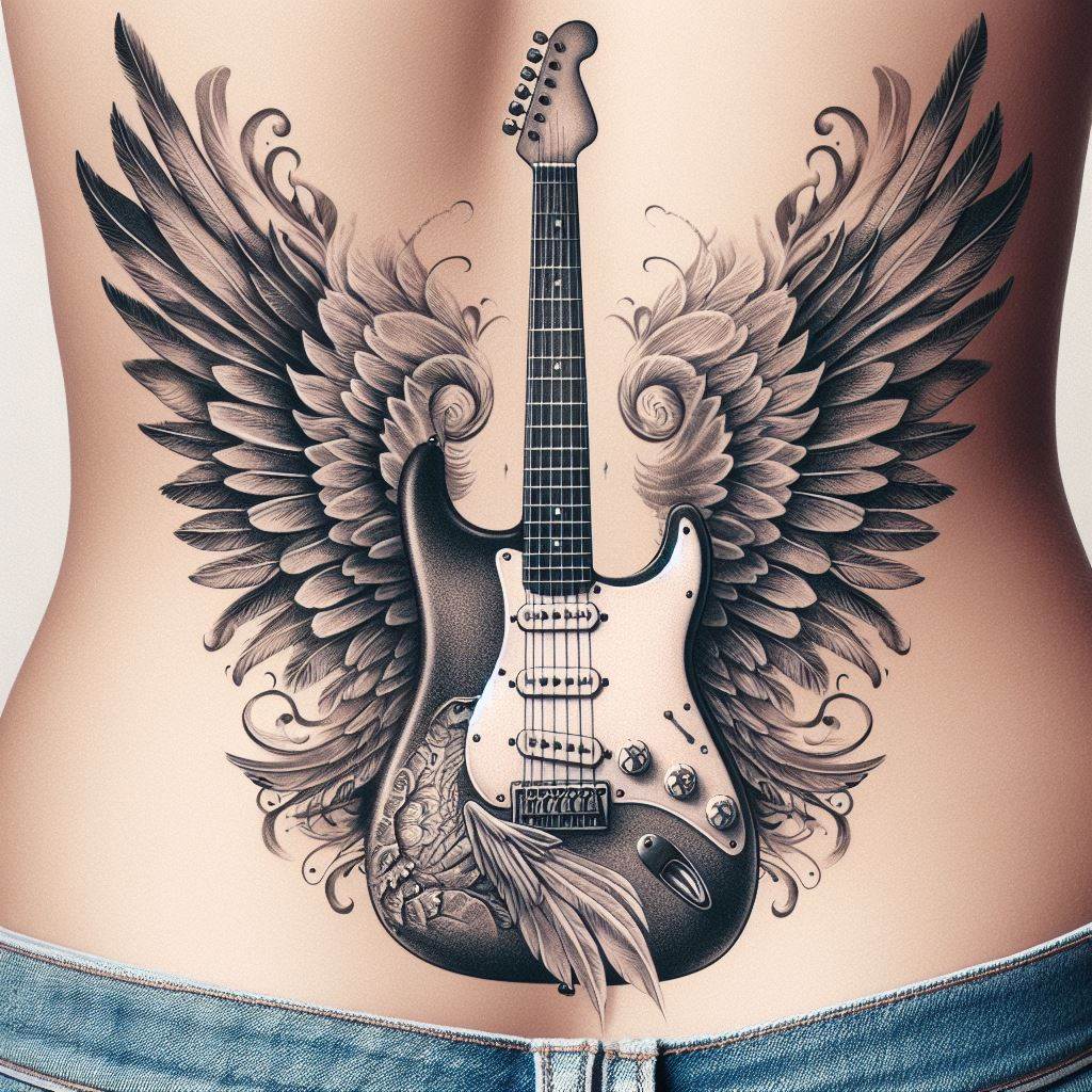 An imaginative tattoo of an electric guitar with wings spread wide, positioned on the lower back. The guitar should be detailed with strings, knobs, and body contours, while the wings are adorned with feathers, adding an element of freedom and escape. This design symbolizes the liberating power of music and the soaring heights it can take one's spirit.