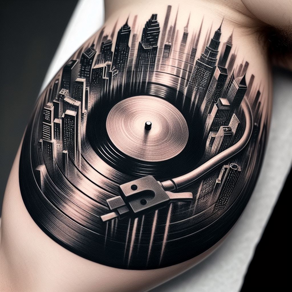 A detailed, black and gray tattoo of a vinyl record, with the grooves morphing into a cityscape on the inner bicep. The design merges the love for music with the dynamic energy of urban life, showing iconic buildings and streets within the record's grooves. This tattoo reflects the soundtrack of city life and the urban beats that inspire and energize.