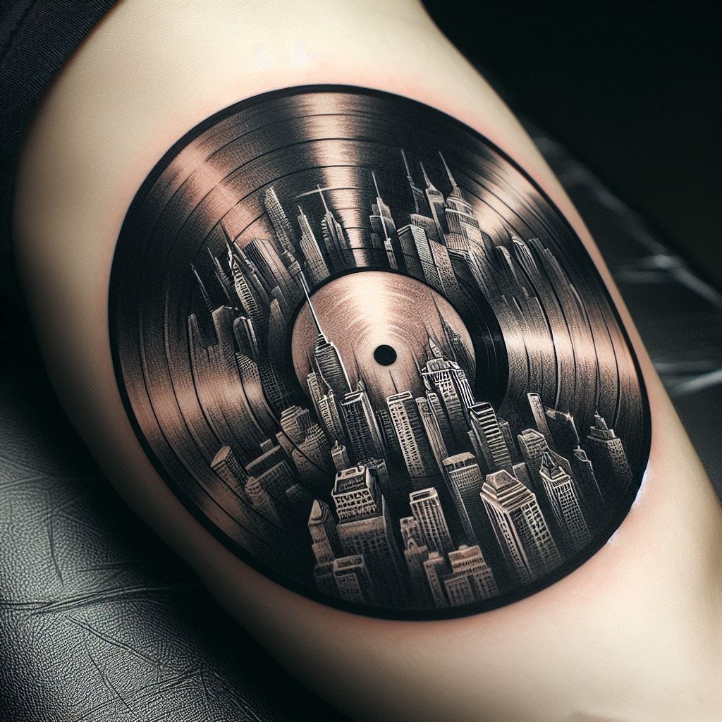 A detailed, black and gray tattoo of a vinyl record, with the grooves morphing into a cityscape on the inner bicep. The design merges the love for music with the dynamic energy of urban life, showing iconic buildings and streets within the record's grooves. This tattoo reflects the soundtrack of city life and the urban beats that inspire and energize.