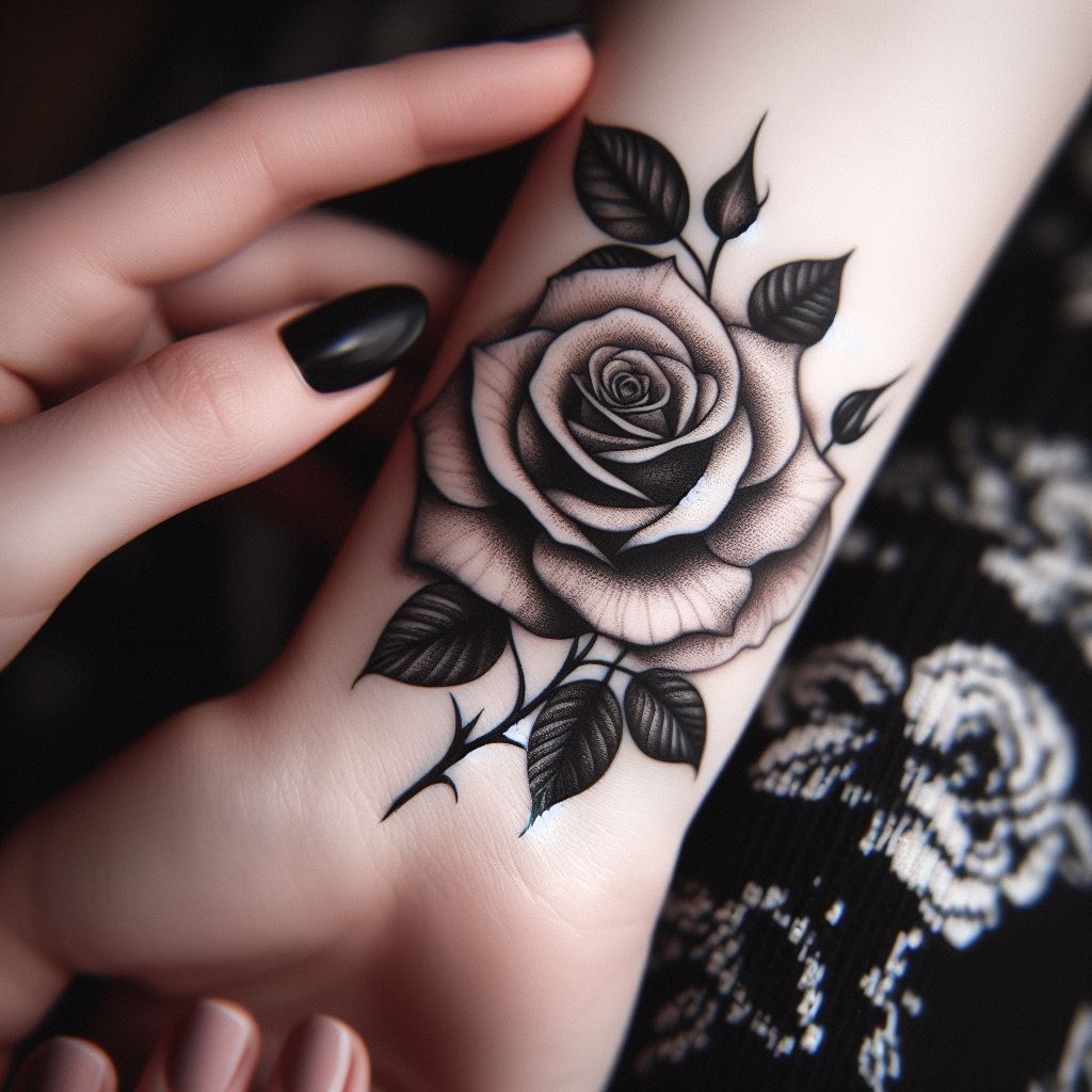 A delicate, intricately detailed black and white rose tattoo, positioned elegantly on the inner wrist. The rose petals are finely shaded to give depth, with subtle thorn details along the stem, symbolizing both beauty and pain.