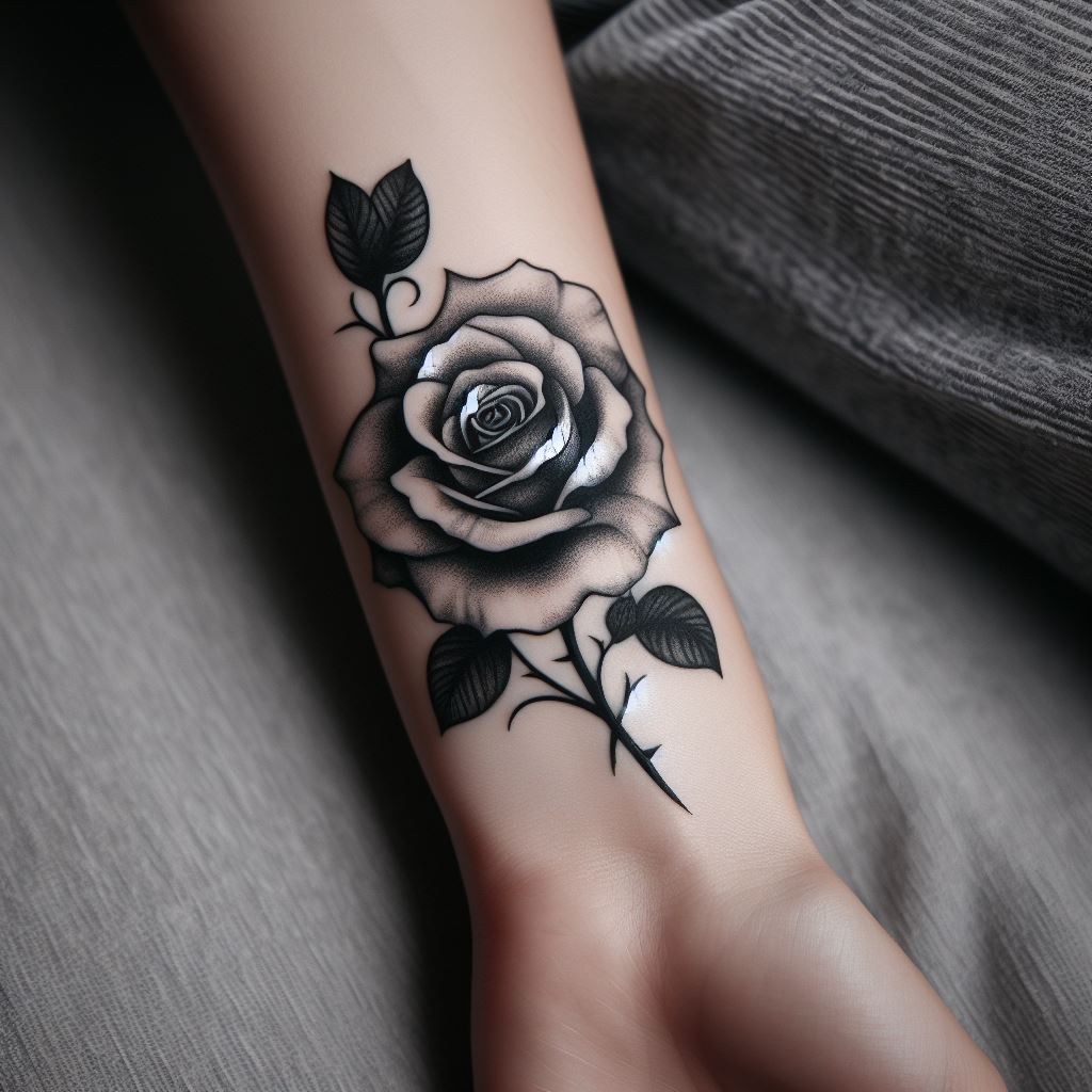 A delicate, intricately detailed black and white rose tattoo, positioned elegantly on the inner wrist. The rose petals are finely shaded to give depth, with subtle thorn details along the stem, symbolizing both beauty and pain.