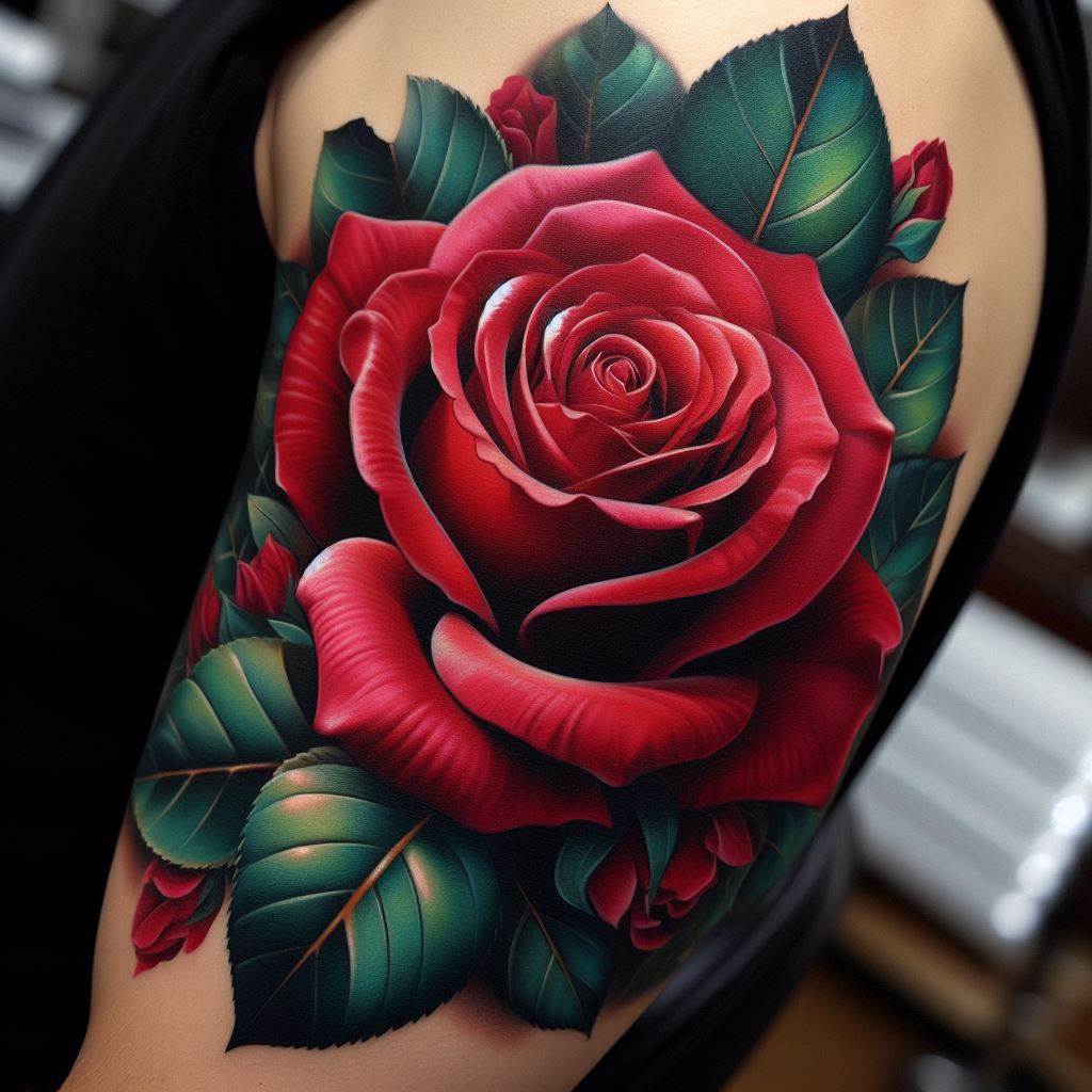 A vibrant, full-color rose tattoo on the upper arm, featuring a large, blooming red rose with lush green leaves. The petals have a realistic texture and depth, creating a striking contrast against the skin.