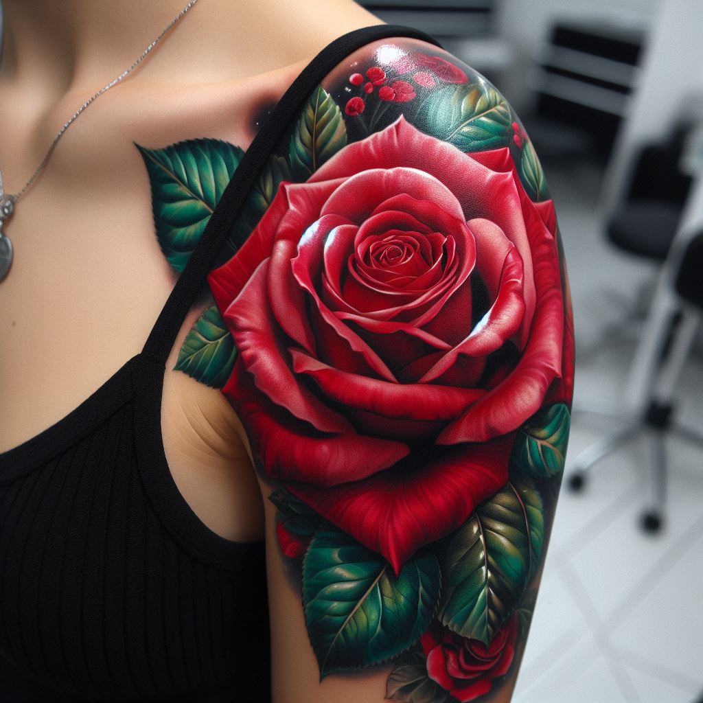 A vibrant, full-color rose tattoo on the upper arm, featuring a large, blooming red rose with lush green leaves. The petals have a realistic texture and depth, creating a striking contrast against the skin.
