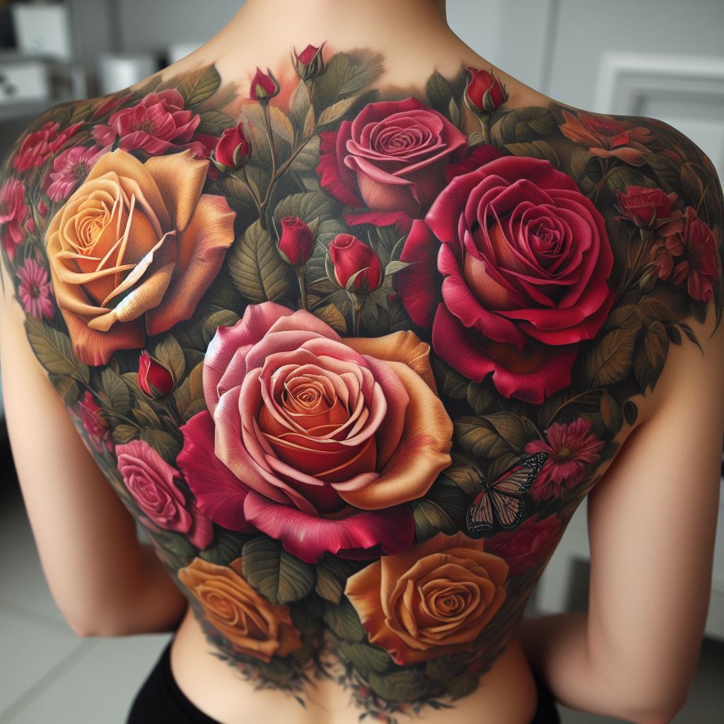 An elaborate rose tattoo that covers the entire back, featuring a bouquet of roses in various stages of bloom. The tattoo includes detailed shading and color work, with shades of red, pink, and yellow roses intertwined with green foliage, creating a stunning, lifelike garden scene.