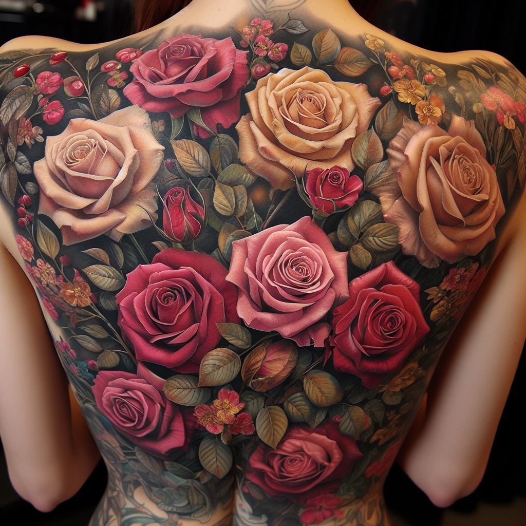 An elaborate rose tattoo that covers the entire back, featuring a bouquet of roses in various stages of bloom. The tattoo includes detailed shading and color work, with shades of red, pink, and yellow roses intertwined with green foliage, creating a stunning, lifelike garden scene.