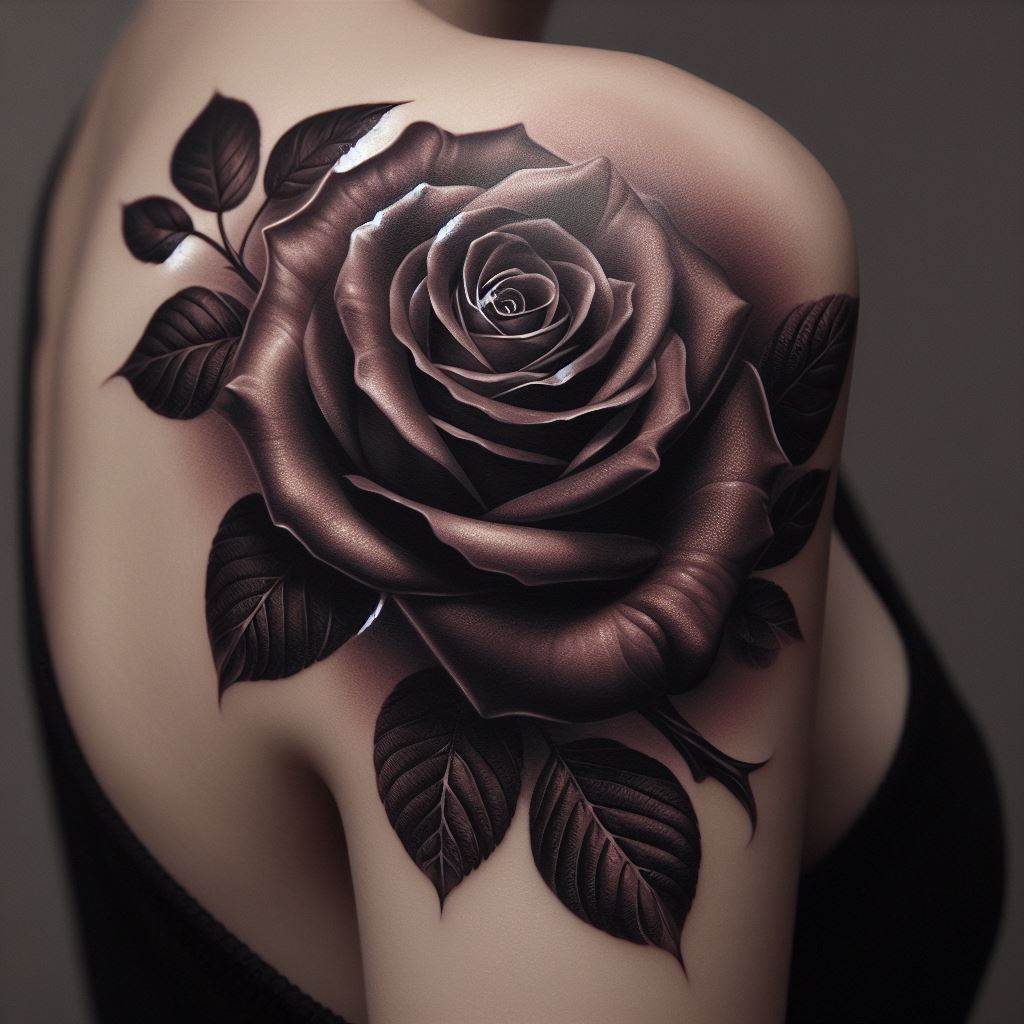 A sophisticated rose tattoo on the shoulder blade, depicting a single, large black rose with detailed petal textures and dark shading. The tattoo is designed with a slight 3D effect, making the rose appear as if it's lifting off the skin.