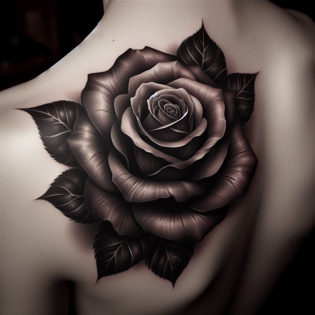 A sophisticated rose tattoo on the shoulder blade, depicting a single, large black rose with detailed petal textures and dark shading. The tattoo is designed with a slight 3D effect, making the rose appear as if it's lifting off the skin.