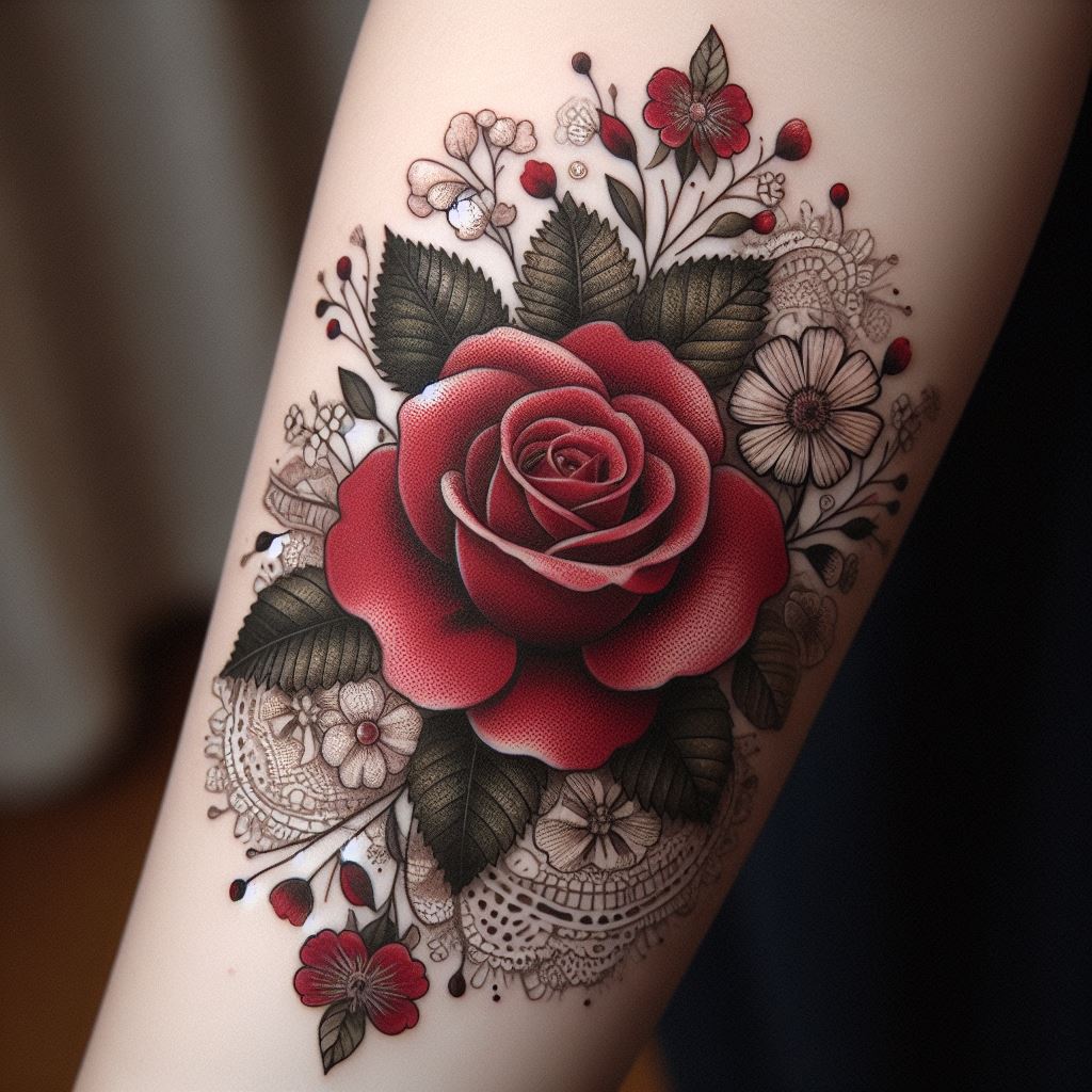 A romantic, vintage-inspired rose tattoo on the forearm, showcasing a classic red rose with green leaves, surrounded by small, delicate flowers and lace-like patterns. The design has a soft, timeless quality, reminiscent of an old-fashioned love letter.