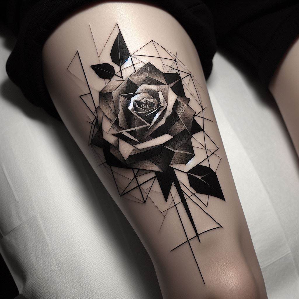 A geometric rose tattoo on the calf, combining the natural beauty of a rose with sharp, angular lines and shapes. The design uses black ink with selective shading to create a modern, edgy interpretation of a rose, standing out against the skin.