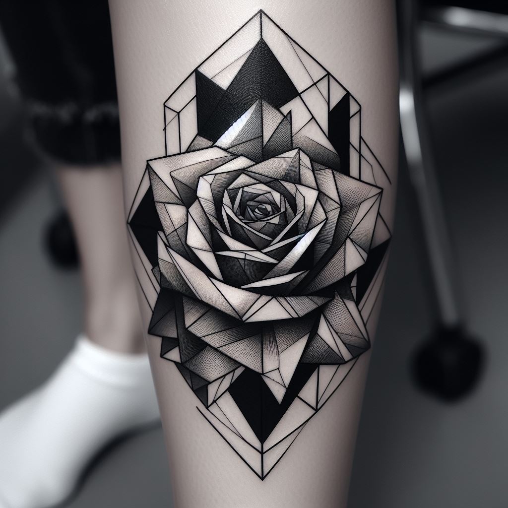 A geometric rose tattoo on the calf, combining the natural beauty of a rose with sharp, angular lines and shapes. The design uses black ink with selective shading to create a modern, edgy interpretation of a rose, standing out against the skin.