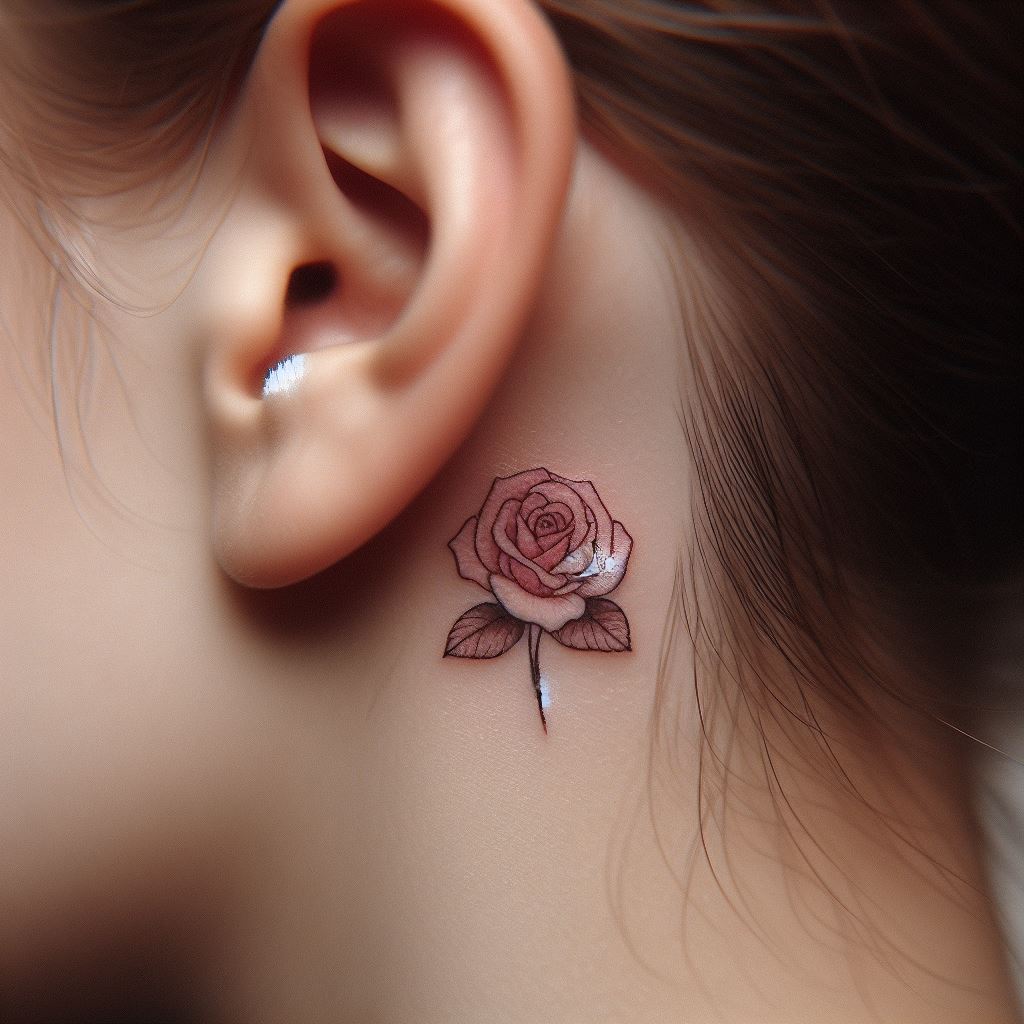 A small, dainty rose tattoo behind the ear, featuring a single, tiny pink rose. The tattoo is subtle yet charming, with fine lines and soft coloration that makes it a discreet yet beautiful statement.