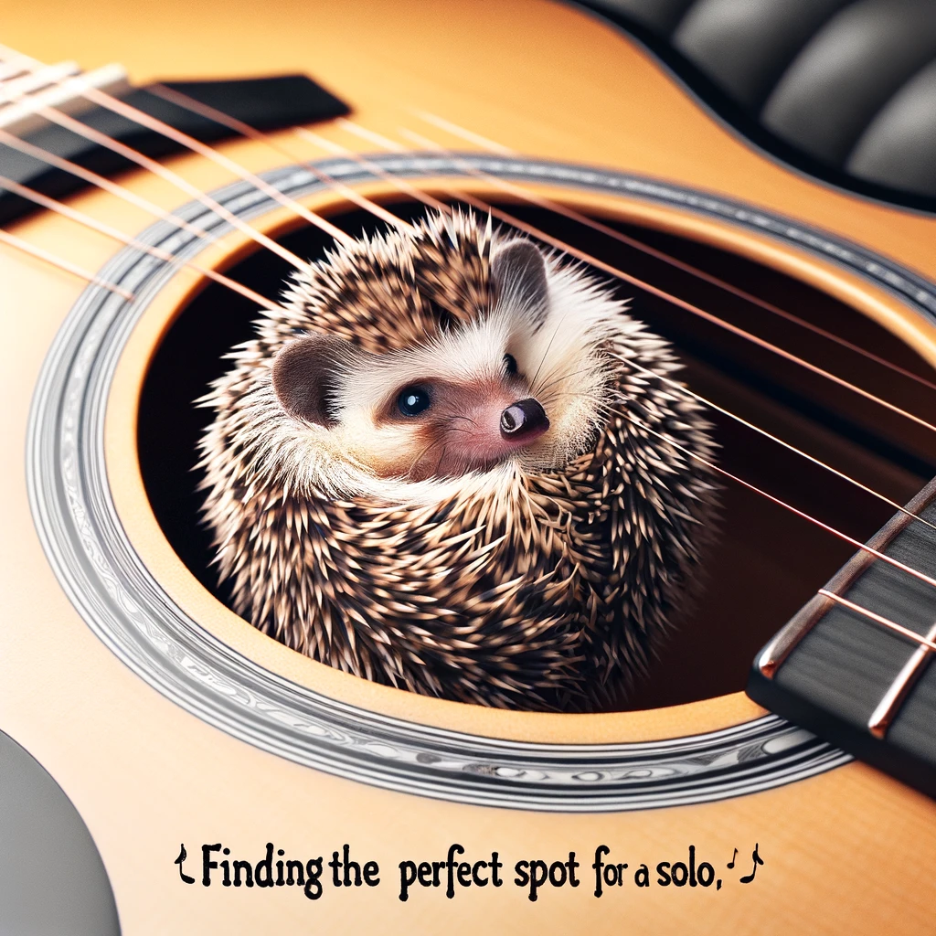 An adorable image of a hedgehog curled up inside an acoustic guitar, peeking out, with a caption that says, "Finding the perfect spot for a solo."