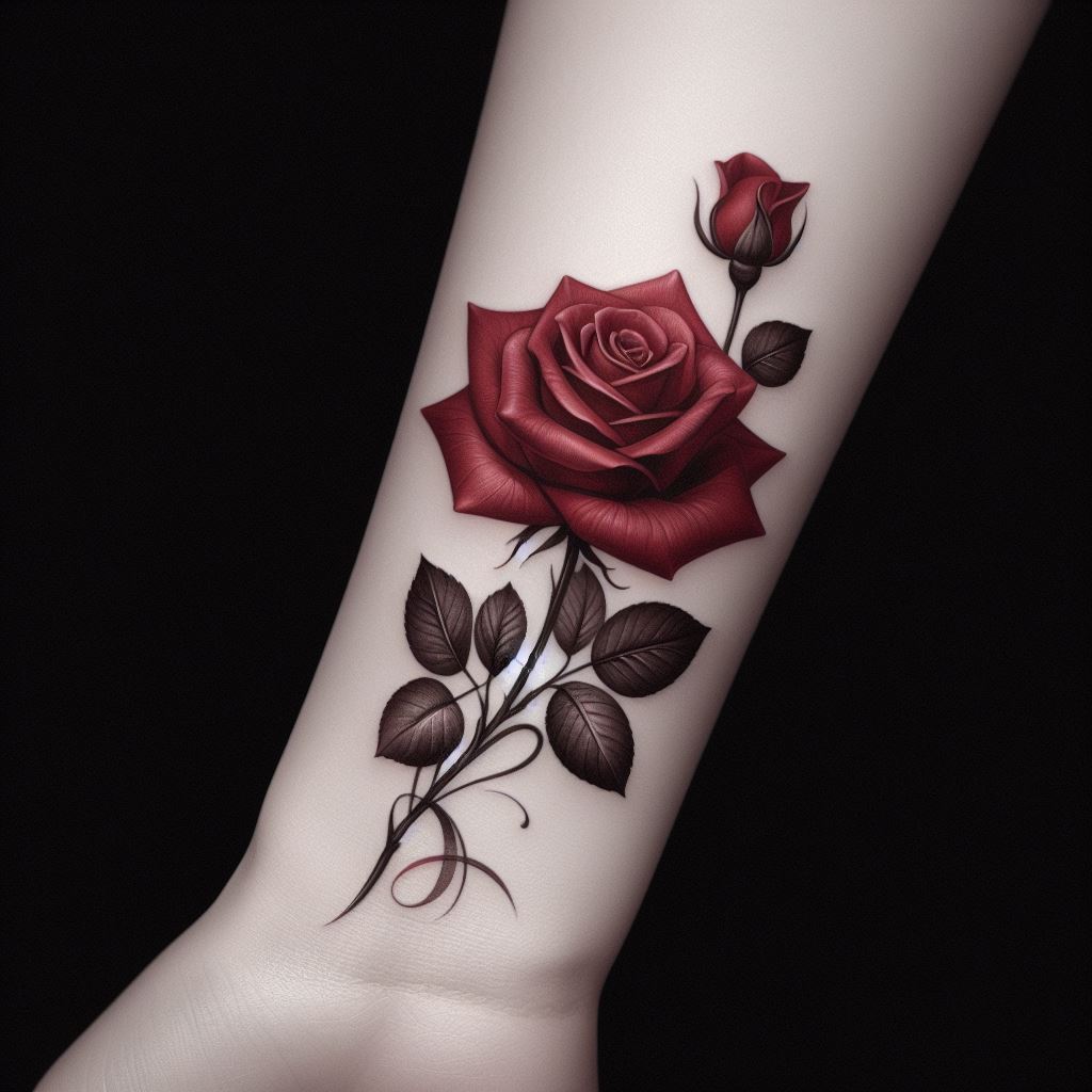 A delicate, single red rose tattoo wrapped elegantly around the wrist, with its stem and leaves gracefully following the curve of the arm. The petals are detailed with soft shading to give depth and realism.