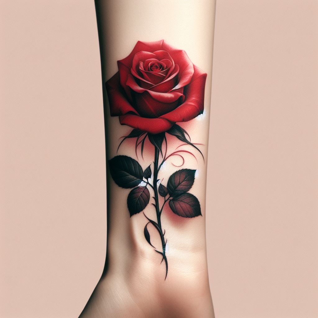 A delicate, single red rose tattoo wrapped elegantly around the wrist, with its stem and leaves gracefully following the curve of the arm. The petals are detailed with soft shading to give depth and realism.