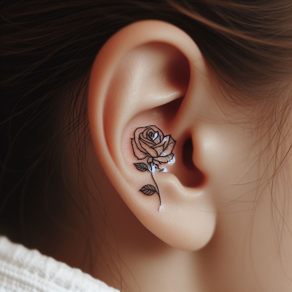 A small, minimalist rose tattoo tucked neatly behind the ear, with a few petals slightly visible from the front. The tattoo uses fine lines for a subtle yet elegant appearance, perfect for those seeking a discreet but beautiful design.