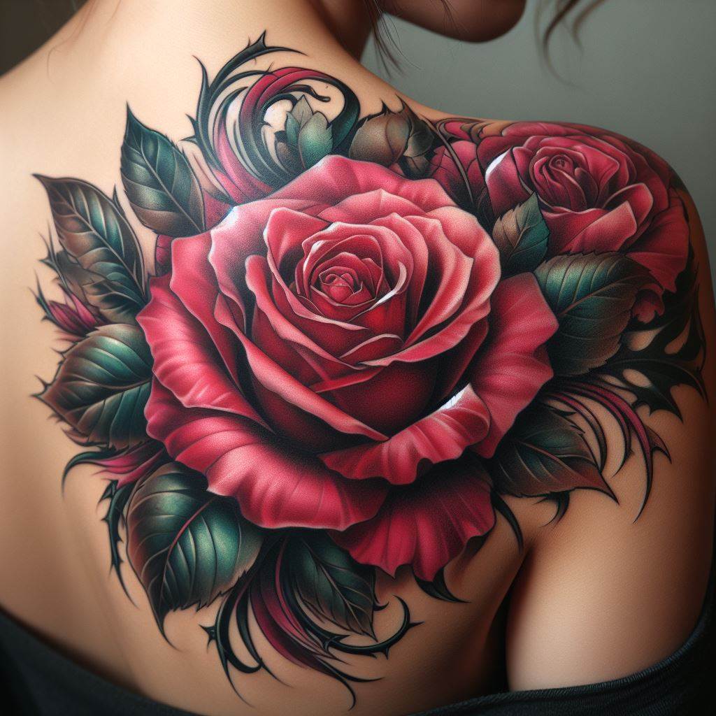A large, vibrant rose tattoo covering the shoulder blade, with petals unfolding in various shades of pink and red. The design includes dark green leaves and thorns, adding contrast and a touch of wildness to the softness of the rose.