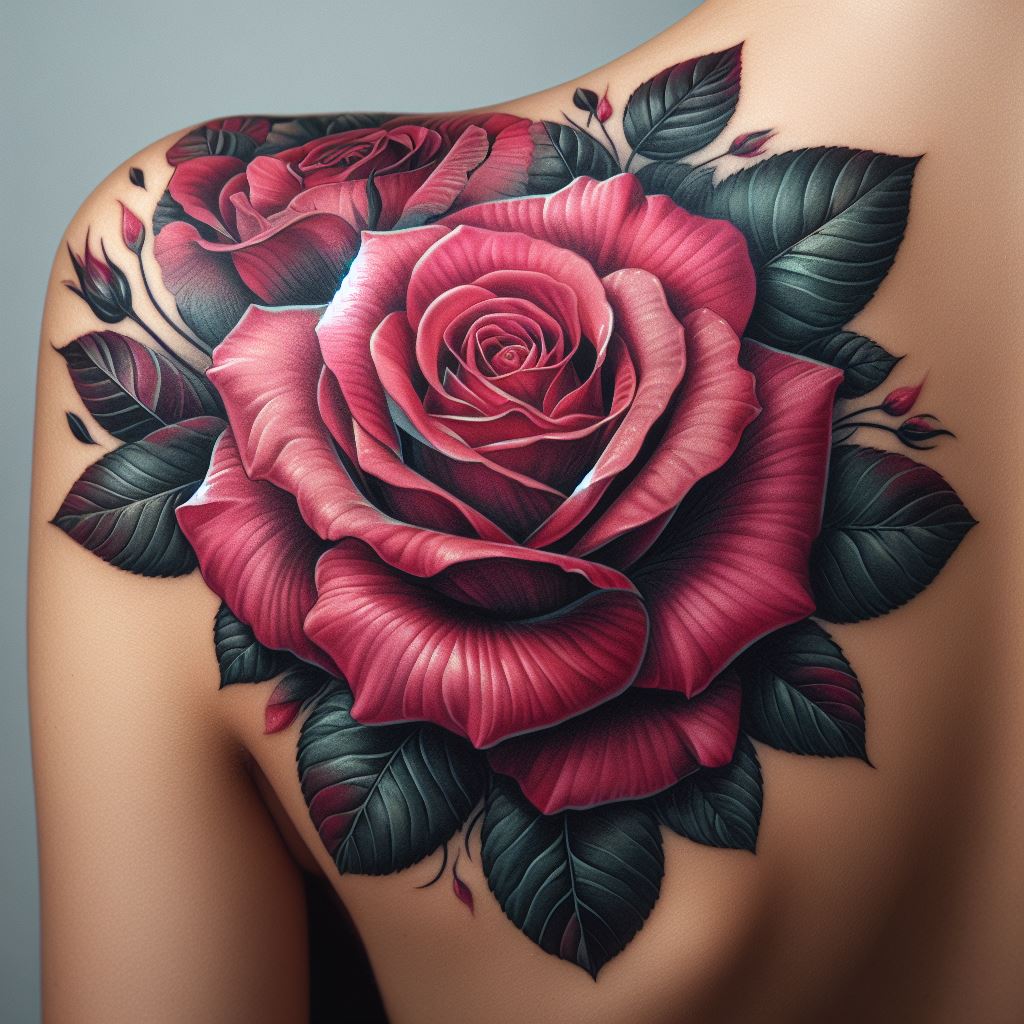 A large, vibrant rose tattoo covering the shoulder blade, with petals unfolding in various shades of pink and red. The design includes dark green leaves and thorns, adding contrast and a touch of wildness to the softness of the rose.