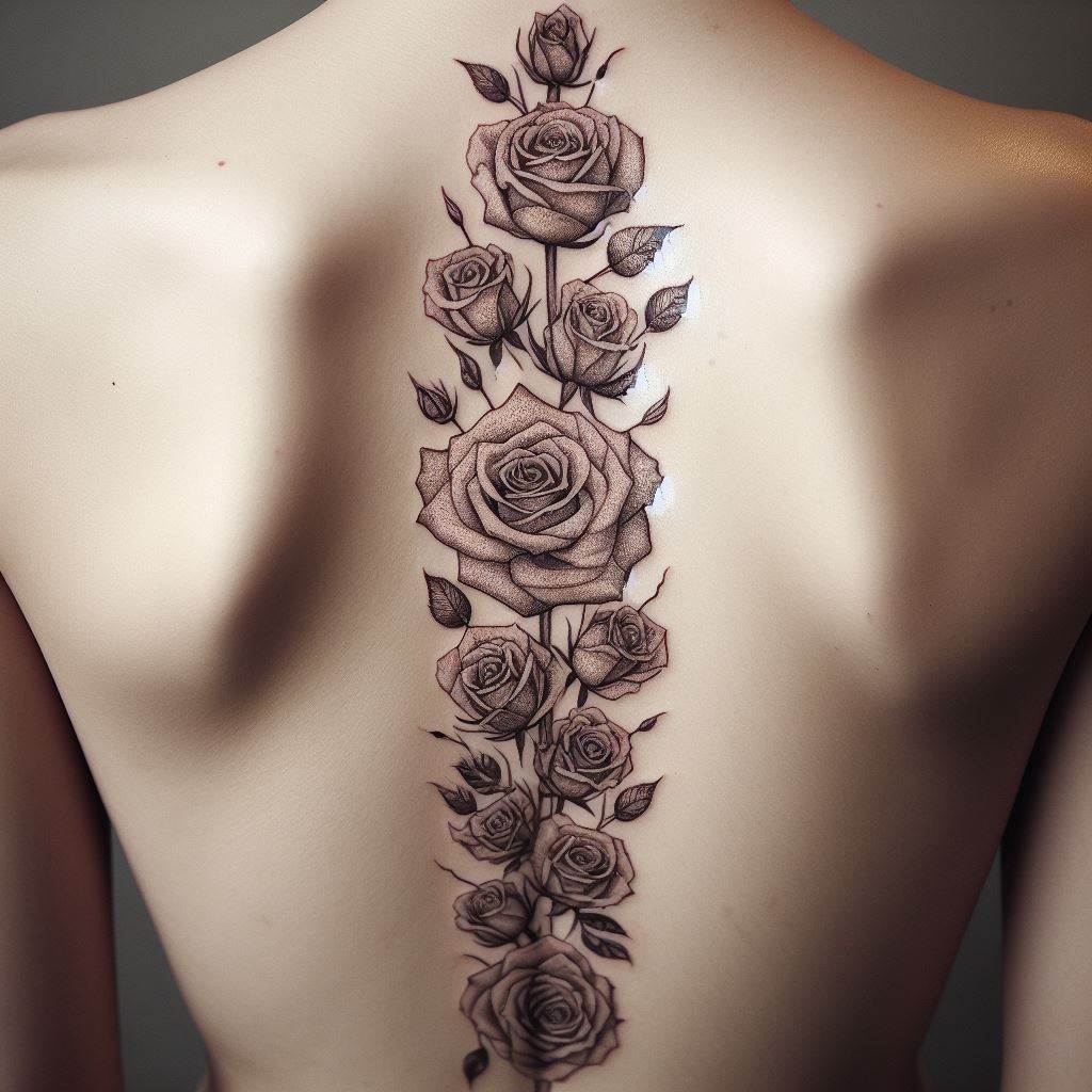 A series of small to medium-sized roses aligned vertically down the spine, each rose in a different stage of bloom from bud to full bloom. The tattoo is designed with fine lines and detailed shading to create a stunning visual effect along the back.