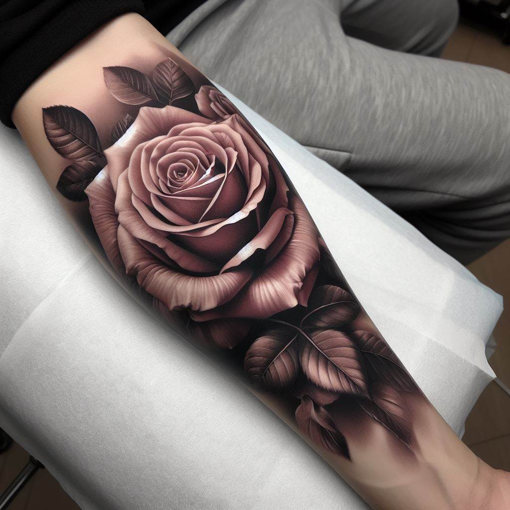 A realistic rose tattoo inked on the forearm, featuring a fully bloomed rose with detailed petals and leaves. The design incorporates soft shading and highlights to create depth, making the rose appear as though it's lifting off the skin.