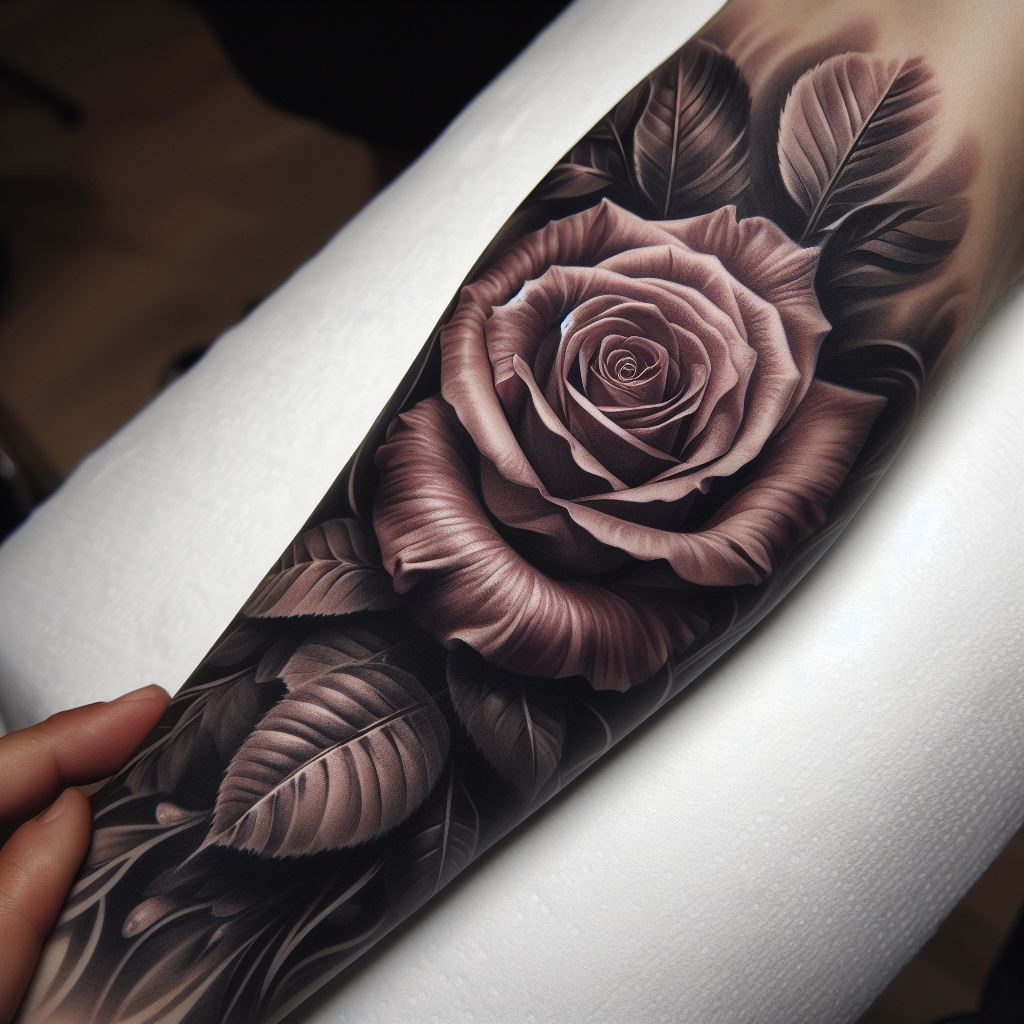 A realistic rose tattoo inked on the forearm, featuring a fully bloomed rose with detailed petals and leaves. The design incorporates soft shading and highlights to create depth, making the rose appear as though it's lifting off the skin.