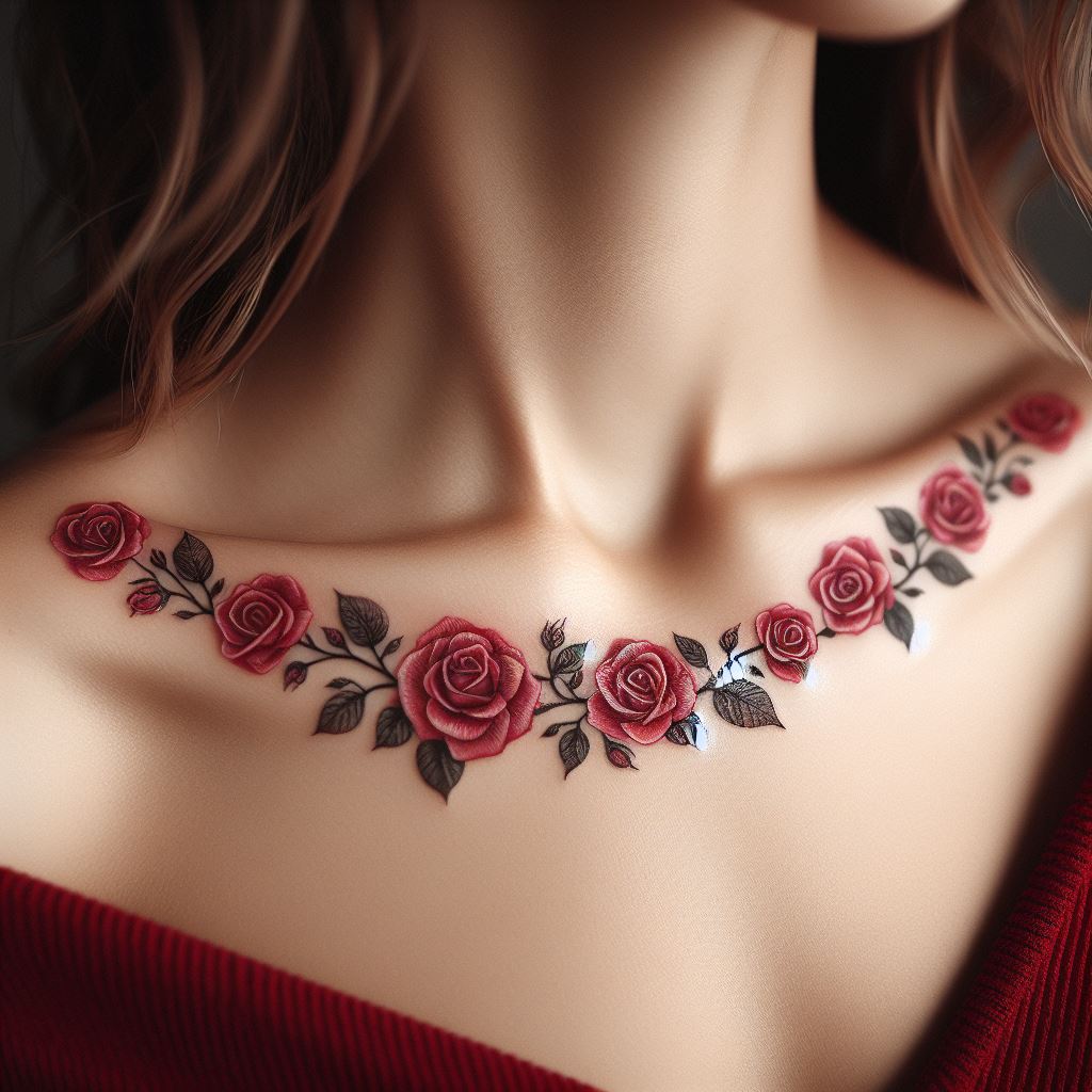 A delicate chain of tiny roses tattooed across the collarbone, with each rose in a different shade of red and pink. The design is elegant and feminine, drawing attention to the collarbone area with its gentle curve and floral beauty.