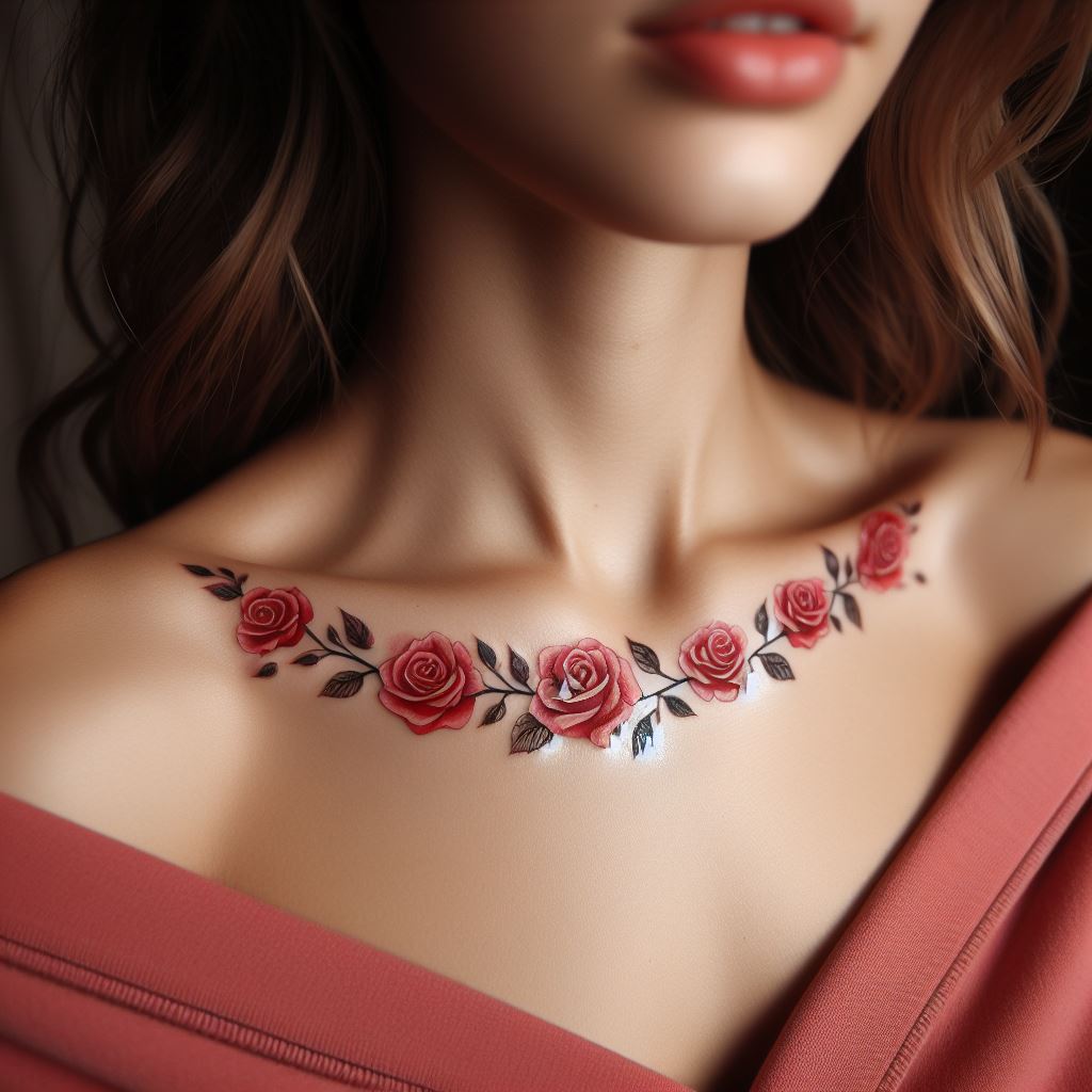 A delicate chain of tiny roses tattooed across the collarbone, with each rose in a different shade of red and pink. The design is elegant and feminine, drawing attention to the collarbone area with its gentle curve and floral beauty.