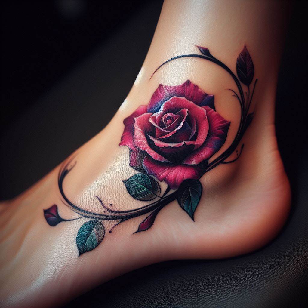 A single rose tattoo encircling the ankle, with its stem winding around like a bracelet. The rose is designed with vivid color and detailed textures, making it stand out against the skin as a statement piece.