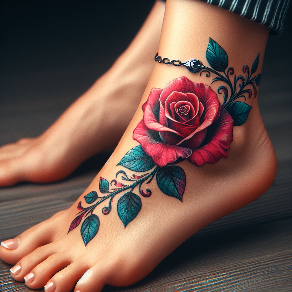 A single rose tattoo encircling the ankle, with its stem winding around like a bracelet. The rose is designed with vivid color and detailed textures, making it stand out against the skin as a statement piece.
