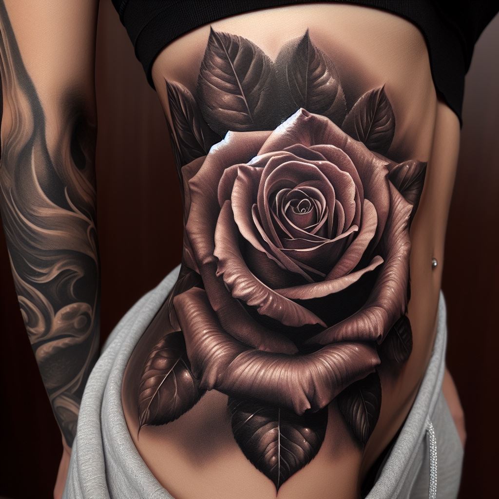 A large, detailed rose tattoo inked along the side of the rib cage, with petals unfurling in a dramatic display of beauty. The tattoo is designed with realism in mind, featuring deep shading and highlights to create a 3D effect on the skin.