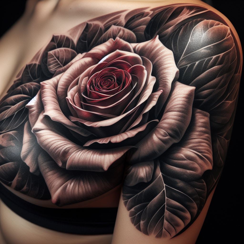 A large, detailed rose tattoo inked along the side of the rib cage, with petals unfurling in a dramatic display of beauty. The tattoo is designed with realism in mind, featuring deep shading and highlights to create a 3D effect on the skin.