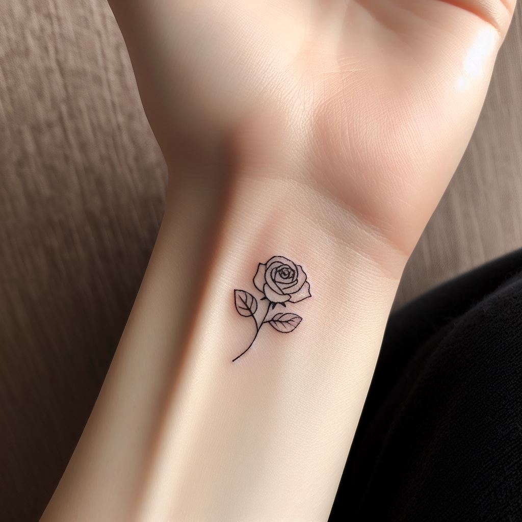 A tiny, minimalist rose tattoo on the inner wrist, symbolizing beauty and simplicity. The design uses fine lines and minimal shading, making it perfect for a first tattoo or for someone who prefers subtle body art.