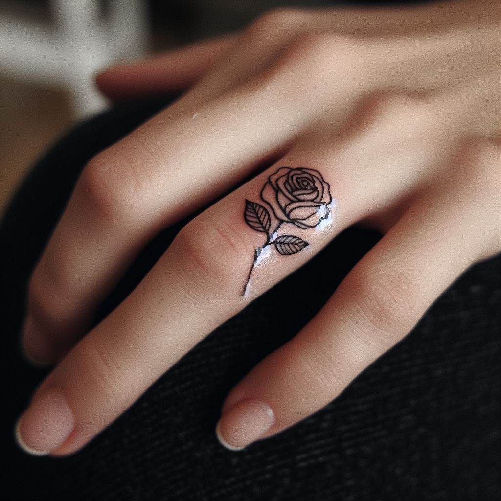 A small rose tattoo on the side of a finger, resembling a delicate ring. This design is simple, using only a few lines to depict the rose, making it an elegant and understated piece of body art.