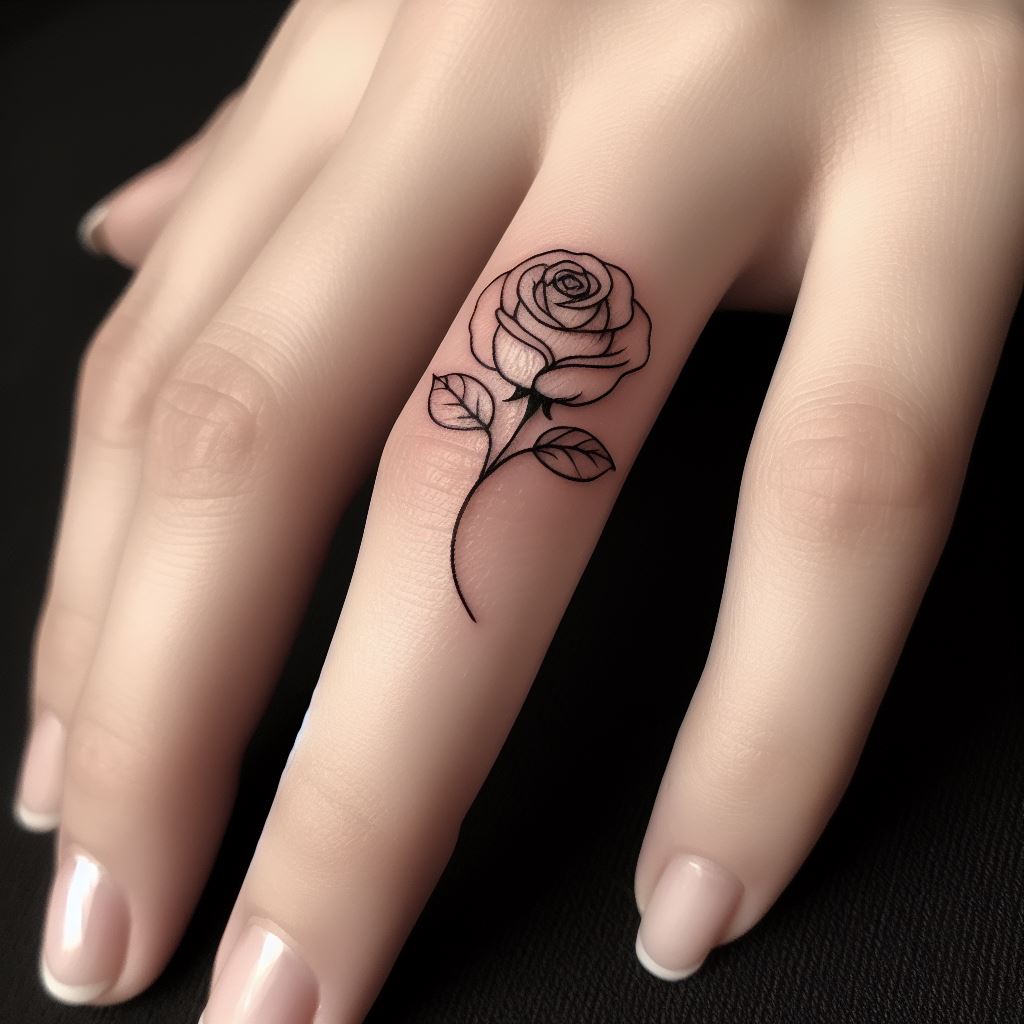 A small rose tattoo on the side of a finger, resembling a delicate ring. This design is simple, using only a few lines to depict the rose, making it an elegant and understated piece of body art.