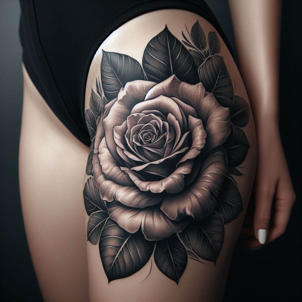A bold, large rose tattoo on the upper thigh, featuring a detailed bloom with intricate petals and lush leaves that wrap slightly around the leg. This tattoo combines elements of both elegance and strength, making a powerful statement.