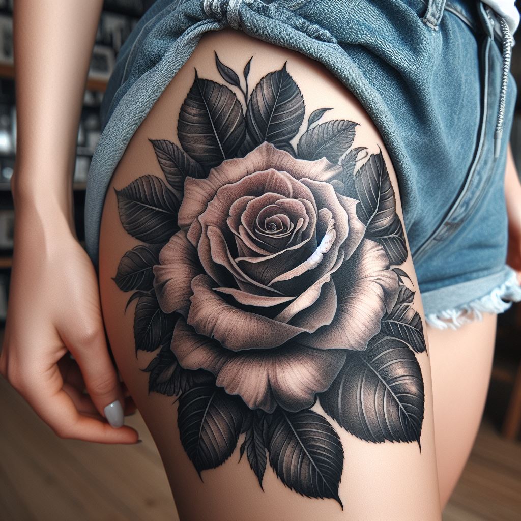 A bold, large rose tattoo on the upper thigh, featuring a detailed bloom with intricate petals and lush leaves that wrap slightly around the leg. This tattoo combines elements of both elegance and strength, making a powerful statement.
