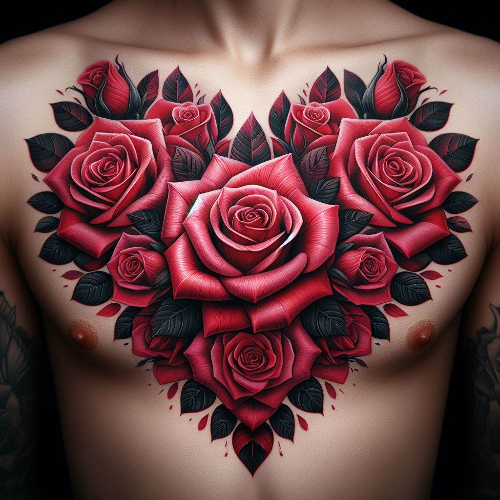A heart-shaped arrangement of roses tattooed across the chest, with each rose detailed in shades of red and pink. The design is symmetrical, framing the heart area and creating a striking visual impact with its size and detail.
