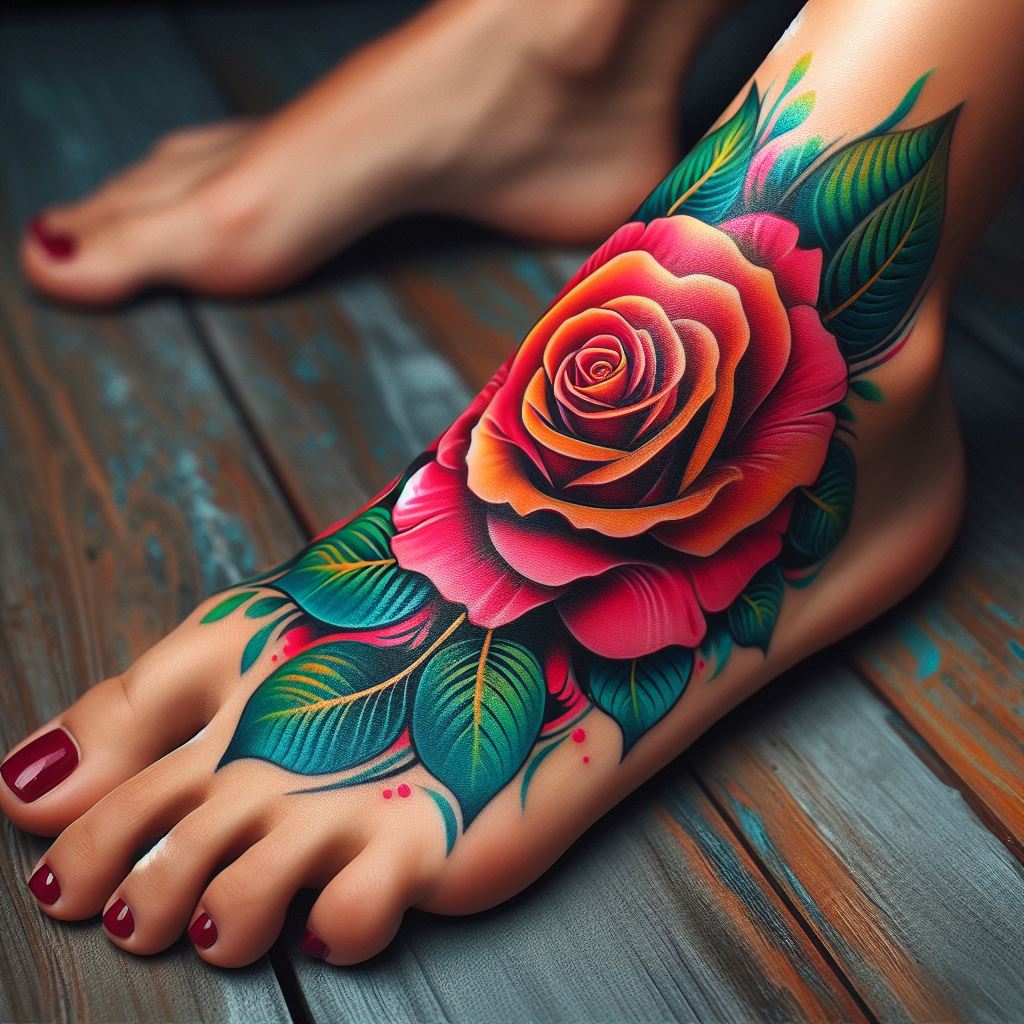 A vibrant rose tattoo on the top of the foot, with petals that spread out and leaves that extend onto the ankle. The design is eye-catching and colorful, making it a bold choice for those who love to showcase their tattoos.
