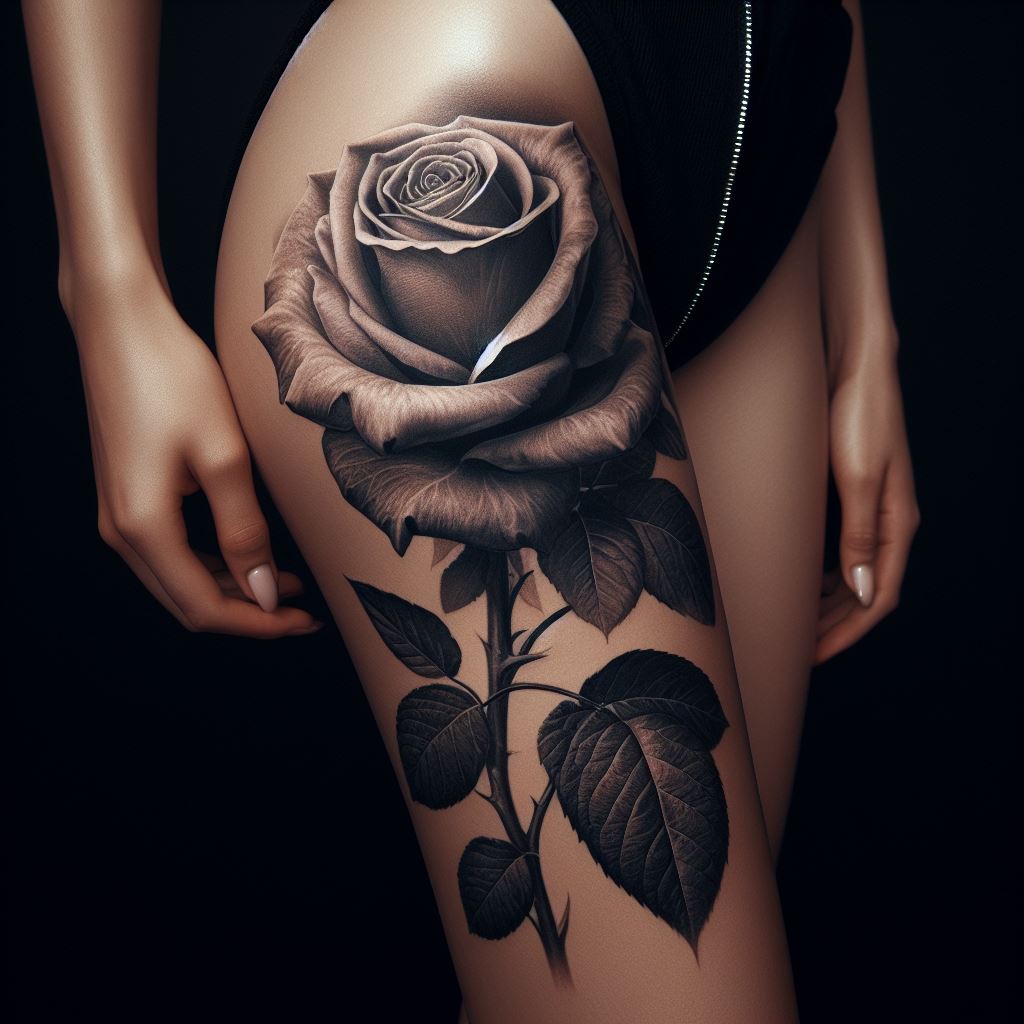 A single, large rose tattoo that starts behind the knee and extends down to the calf. The design is realistic, with detailed shading and textures that mimic the appearance of a real rose, symbolizing growth and resilience.