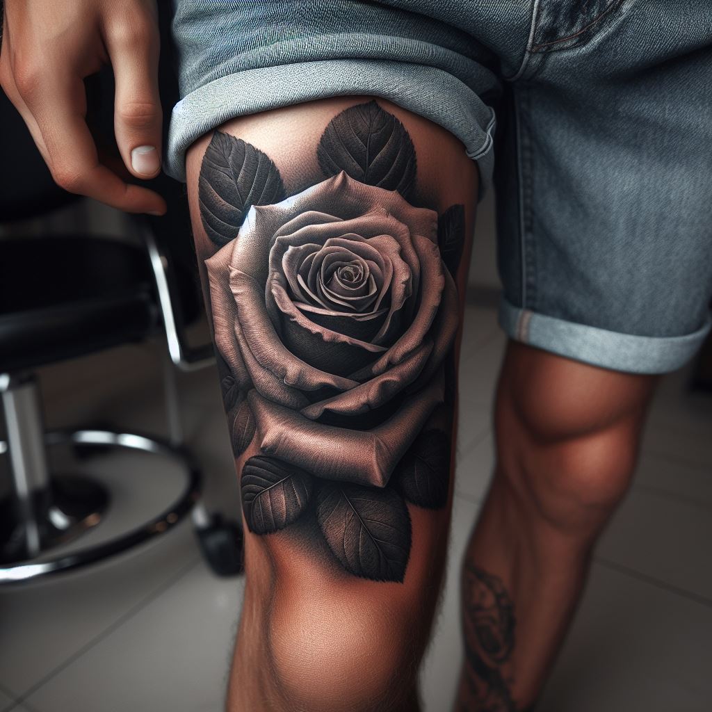 A single, large rose tattoo that starts behind the knee and extends down to the calf. The design is realistic, with detailed shading and textures that mimic the appearance of a real rose, symbolizing growth and resilience.