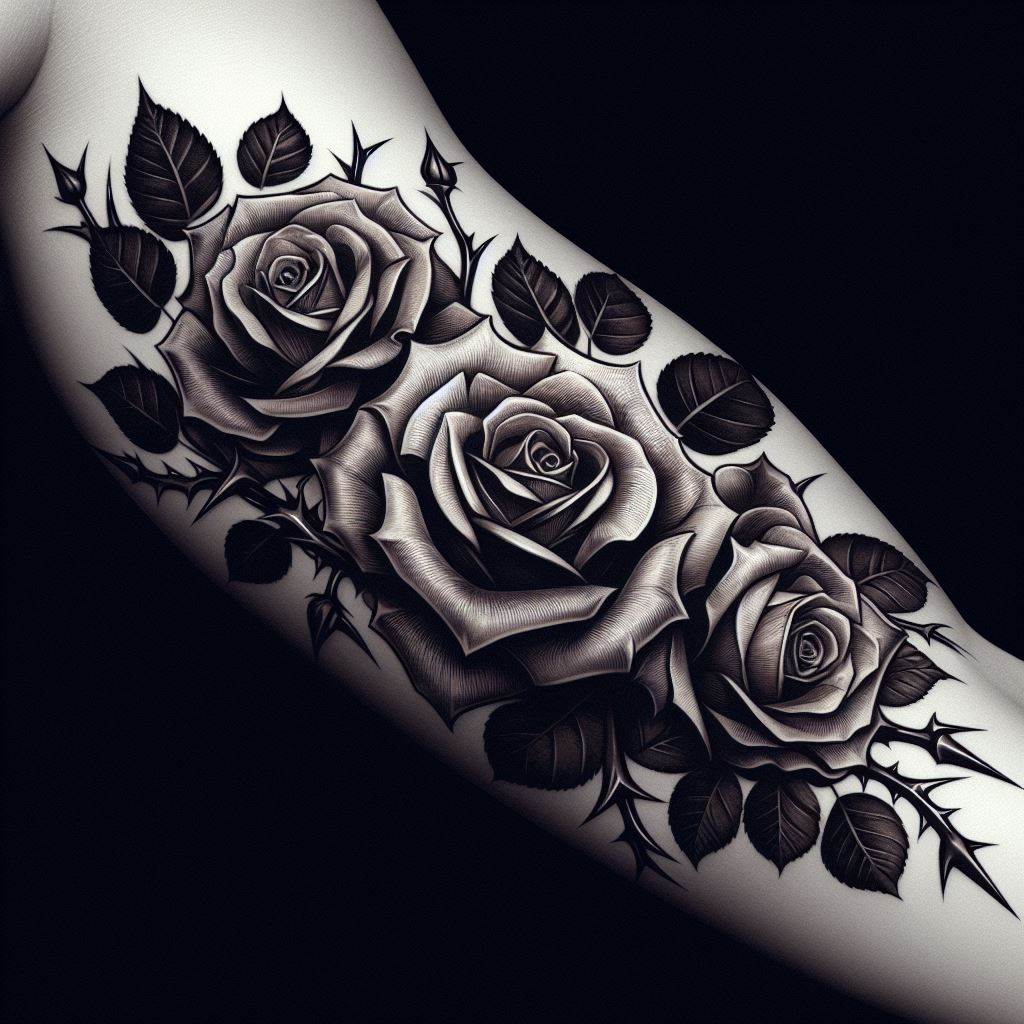 A rose tattoo encircling the upper arm or bicep, designed as a band made up of roses and their thorns. This tattoo balances beauty and strength, with detailed petals contrasted against the sharpness of the thorns.