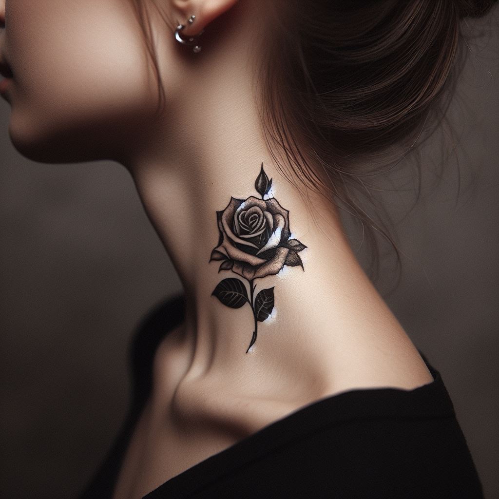 A small, yet striking rose tattoo placed on the side of the neck. This design is bold yet elegant, easily hidden or shown off, making it a versatile choice for those who might need to conceal their tattoo for professional reasons.