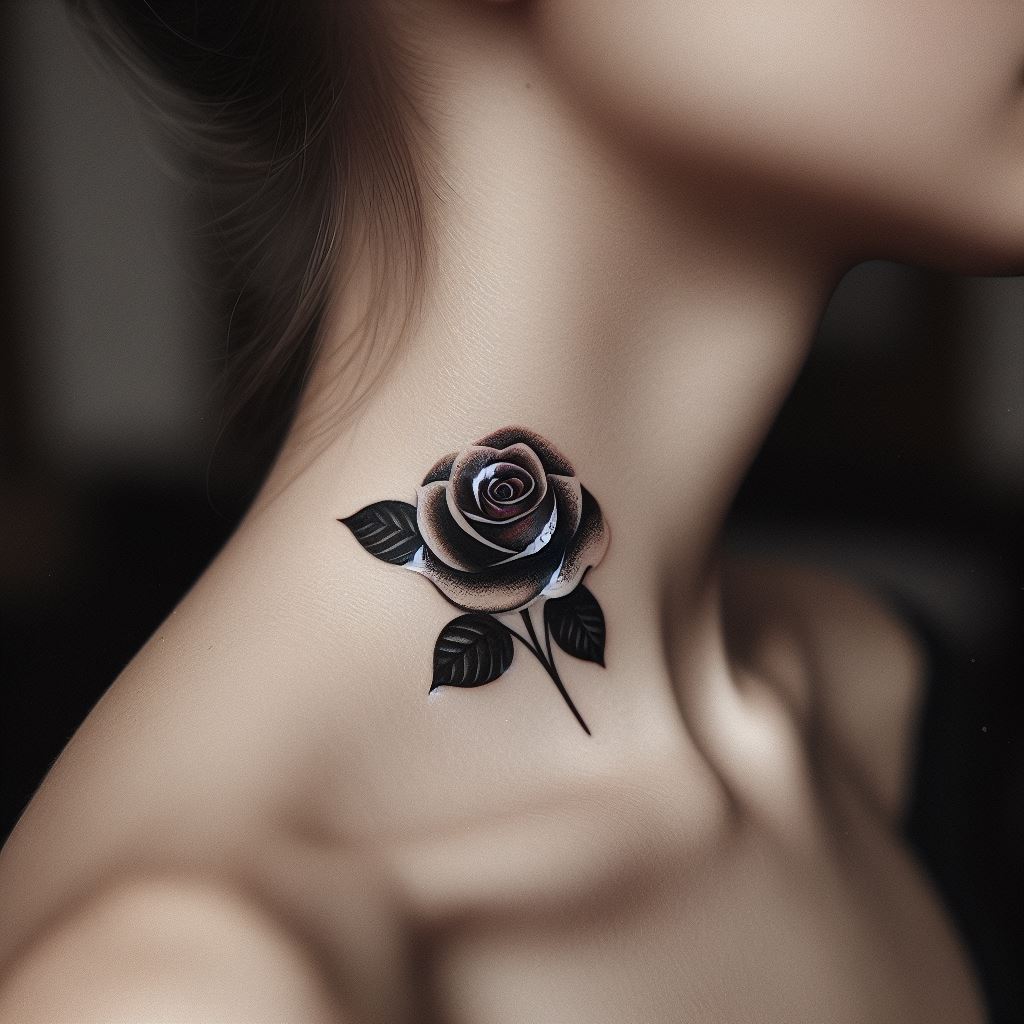 A small, yet striking rose tattoo placed on the side of the neck. This design is bold yet elegant, easily hidden or shown off, making it a versatile choice for those who might need to conceal their tattoo for professional reasons.